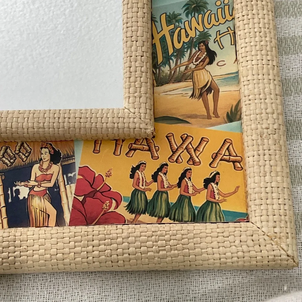 VTG Style Mirror raffia-textured frame Hawaiian Decor Tropical Tiki Bar Boho D